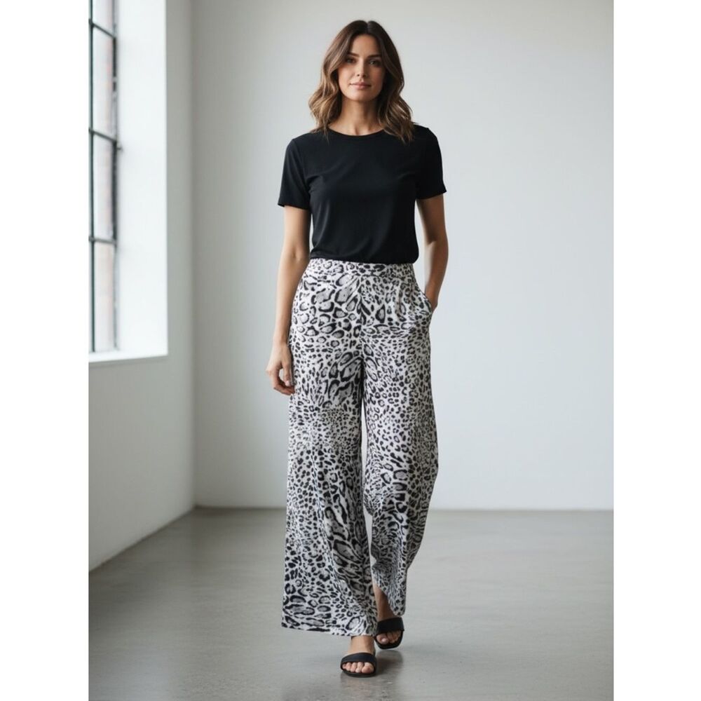 CACHE Black White Animal Print Palazzo Wide Leg Pants Sz 14